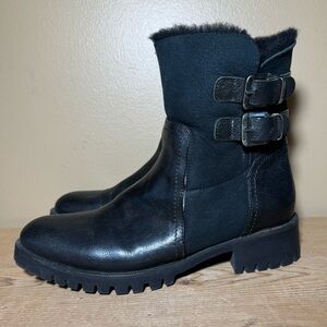 NAPOLEONI BLACK LEATHER SUEDE SHEARLING BUCKLED ZIP ANKLE BOOTS WOMEN'S 39 US 8½